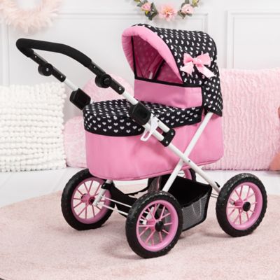 Image showing  Trendy Pram - Hearts Black & Pink - Includes Shoulder Bag
