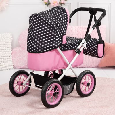 Image showing  Trendy Pram - Hearts Black & Pink - Includes Shoulder Bag