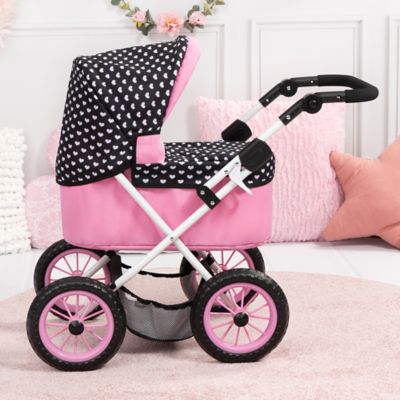 Image showing  Trendy Pram - Hearts Black & Pink - Includes Shoulder Bag