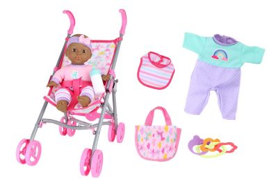 Dream Collection 12 in. Baby Doll Care Gift set with Stroller - African American in Gift Box