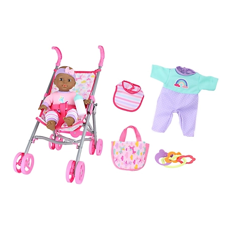 Dream Collection 12 in. Baby Doll Care Gift set with Stroller - African American in Gift Box