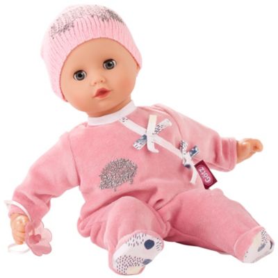 Gotz Muffin Hedgehog 13 in. Baby Doll with Bald Head in Pink Velour Pajamas