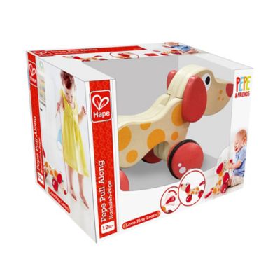 Image showing  Walk-A-Long Pepe Puppy - Red & Orange - Wooden Toddler Pull Toy