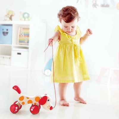 Image showing  Walk-A-Long Pepe Puppy - Red & Orange - Wooden Toddler Pull Toy