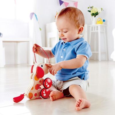 Image showing  Walk-A-Long Pepe Puppy - Red & Orange - Wooden Toddler Pull Toy