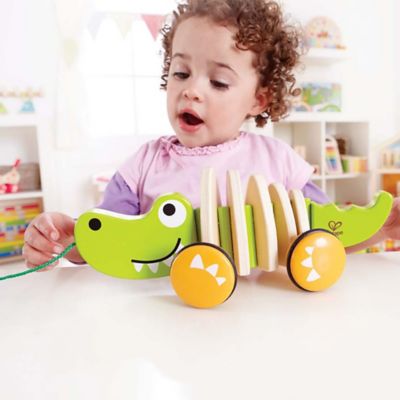 Image showing  Walk-A-Long Croc - Green - Wooden Toddler Pull Along Toy