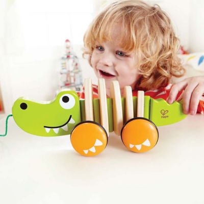 Image showing  Walk-A-Long Croc - Green - Wooden Toddler Pull Along Toy
