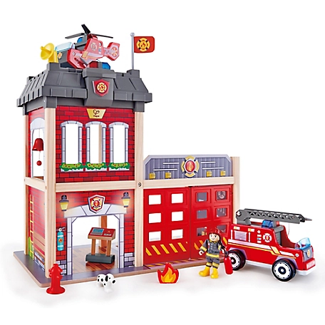 Hape City Fire Station Playset - 13 Pieces - Kids Wooden Dollhouse Station