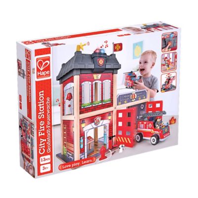 Image showing  13 pc. City Fire Station Playset, Kids Wooden Dollhouse Station