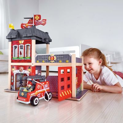 Image showing  13 pc. City Fire Station Playset, Kids Wooden Dollhouse Station
