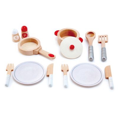 Hape Cook & Serve Set - 13 pc. - Kid's Wooden Toy Kitchen Accessory Playset