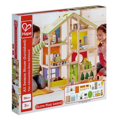 Image showing  All Seasons Wooden Dollhouse - Kids Furnished Wooden Playset