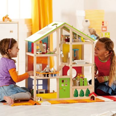 Image showing 5 th Hape All Seasons Wooden Dollhouse - Kids Furnished Wooden Playset