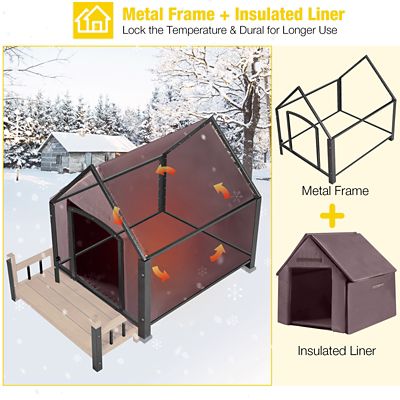 Image showing  Insulated Indoor/Outdoor Wooden Dog House with Liner and Iron Frame, Brown, Large