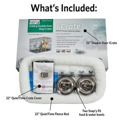 Image showing  iCrate Double Door Dog Crate Bundle, Includes Cover, Bed and Bowls
