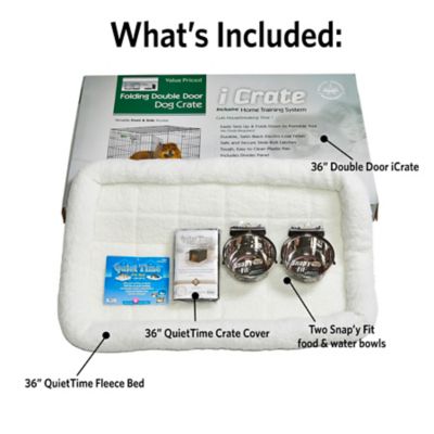 Image showing  iCrate Double Door Dog Crate Bundle, Includes Cover, Bed and Bowls