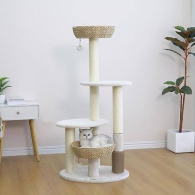 Image showing  49 in. 4-Level Pharaoh Natural Aesthetic Handwoven Cat Tower, White