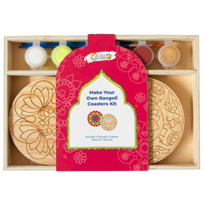 Kulture Khazana Make Your Own Rangoli Coaster Kit - DIY 4 Wooden Coasters