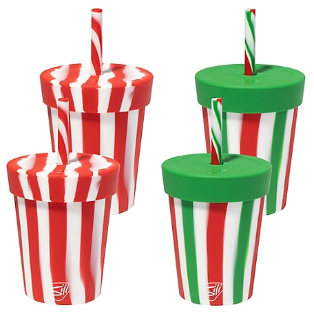 Silipint Silicone Kids 8oz Straw Tumblers: 4 Pack - (2) Peppermint & (2) Poinsettia