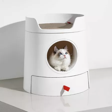 Michu Castle 2-in-1 Front Entry Cat Litter Box with Scratch Tray White XL Covered Litter Boxes