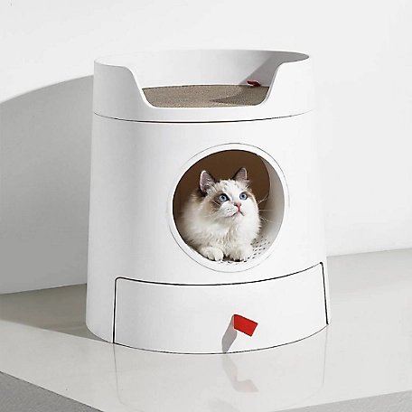 Michu Castle 2-in-1 Front-Entry Cat Litter Box with Scratch Basin, White, XL