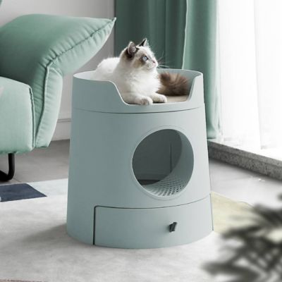 Image showing  Castle 2-in-1 Front-Entry Cat Litter Box with Scratch Basin, Green, XL
