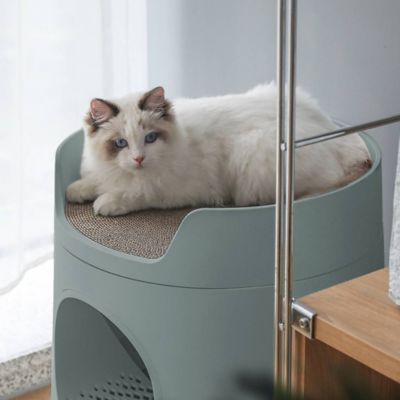 Image showing  Castle 2-in-1 Front-Entry Cat Litter Box with Scratch Basin, Green, XL