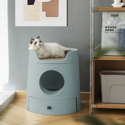 Image showing  Castle 2-in-1 Front-Entry Cat Litter Box with Scratch Basin, Green, XL
