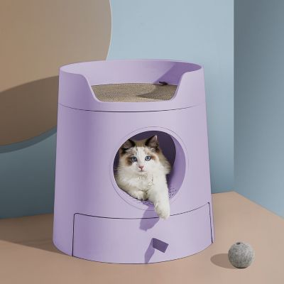 Michu Castle 2-in-1 Front-Entry Cat Litter Box with Scratch Basin, Purple, XL