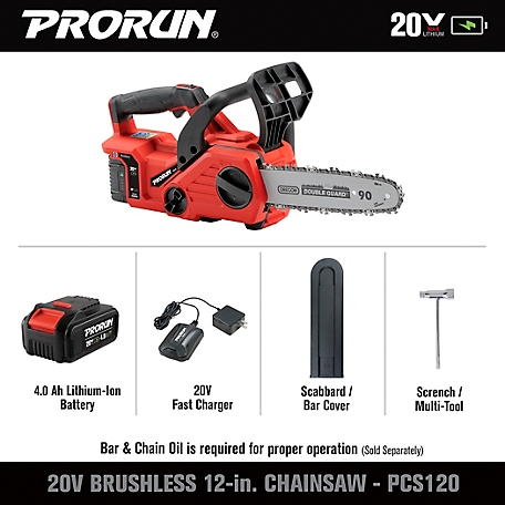PRORUN 20V 7 in. Brushless Cordless Mini Chainsaw with 4.0 Ah Battery and Charger, PMCS120, Red