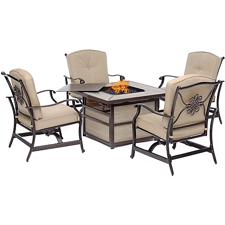 Hanover Traditions 5-Piece Fire Pit Chat Set with 4 Cushioned Rockers and a 40,000 BTU Fire Pit Table