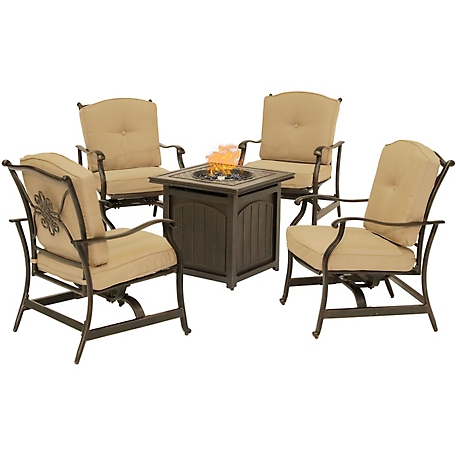 Hanover Traditions 5-Piece Fire Pit Chat Set in Natural Oat with 4 Cushioned Rockers and a 26 in. Square Fire Pit Table