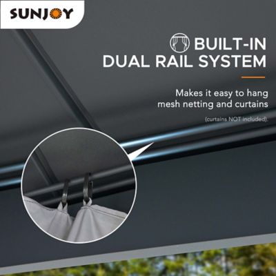 Image showing 5 th Sunjoy 10 x 12ft. Solar Powered Hardtop Gazebo Outdoor Patio Aluminum Frame 2-Tier Steel Backyard with Netting and Ceiling Hook