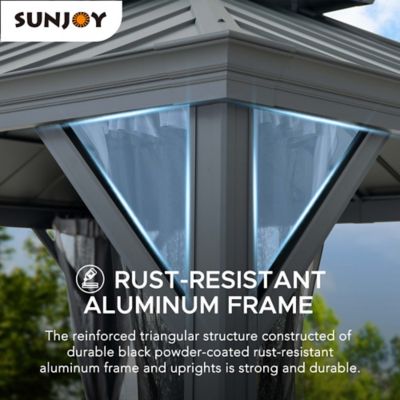 Image showing 6 th Sunjoy 10 x 12ft. Solar Powered Hardtop Gazebo Outdoor Patio Aluminum Frame 2-Tier Steel Backyard with Netting and Ceiling Hook