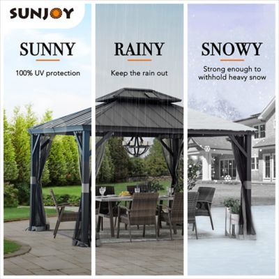 Image showing 8 th Sunjoy 10 x 12ft. Solar Powered Hardtop Gazebo Outdoor Patio Aluminum Frame 2-Tier Steel Backyard with Netting and Ceiling Hook