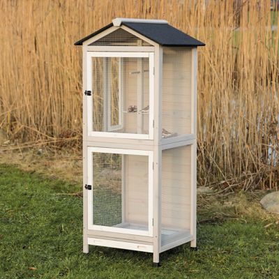 Image showing  Large 66.5 in. Indoor-Outdoor Wooden Aviary with 3 Front Doors & 2 Perches, Gray