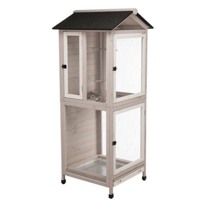 Image showing  Large 66.5 in. Indoor-Outdoor Wooden Aviary with 3 Front Doors & 2 Perches, Gray