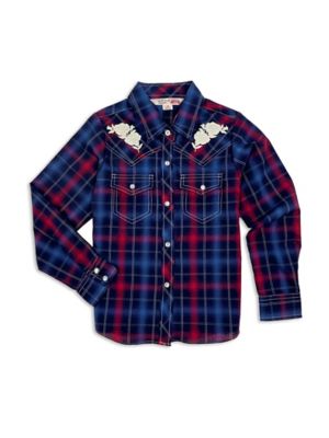 Ely Cattleman Long Sleeve Plaid With Western Yoke Rose Embroidery For Kids