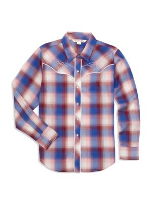 Ely Cattleman Plaid Western Long-Sleeve Button-Down Shirt with Boot Stitch Embroidery