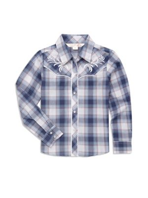 Ely Cattleman Long Sleeve Plaid Western Shirt With Scroll Embroidery For Kids