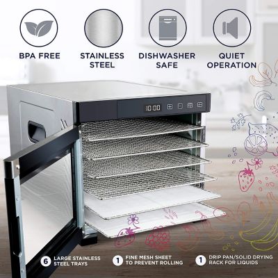 Image showing  600W 6-Tray Food Dehydrator with Digital Timer and Temperature Control, Stainless Steel