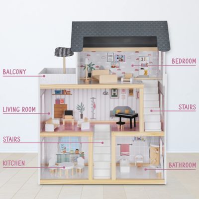 Image showing  Large Wooden Dollhouse, 3 Story Doll House with Furniture, Stairs & Accessories