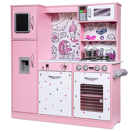 Lil' Jumbl Kids Kitchen Set, Wooden Pretend Play Kitchen with Sounds & Accessories - Pink Emoji