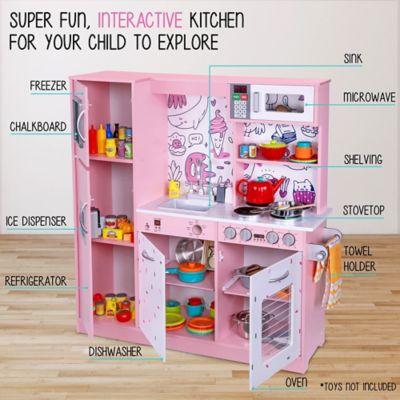 Image showing  Kids Kitchen Set, Wooden Pretend Play Kitchen with Sounds & Accessories - Pink Emoji