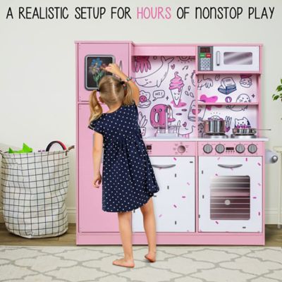 Image showing  Kids Kitchen Set, Wooden Pretend Play Kitchen with Sounds & Accessories - Pink Emoji