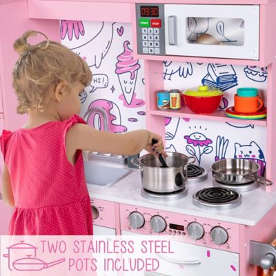 Image showing 5 th Lil' Jumbl Kids Kitchen Set, Wooden Pretend Play Kitchen with Sounds & Accessories - Pink Emoji