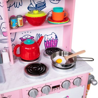 Image showing 7 th Lil' Jumbl Kids Kitchen Set, Wooden Pretend Play Kitchen with Sounds & Accessories - Pink Emoji