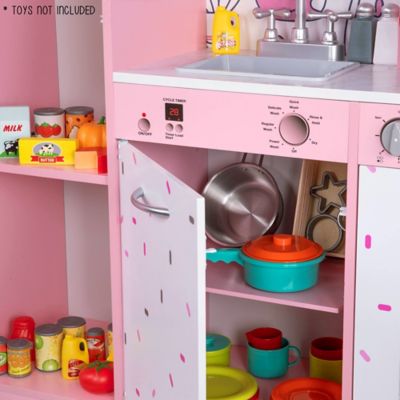 Image showing 8 th Lil' Jumbl Kids Kitchen Set, Wooden Pretend Play Kitchen with Sounds & Accessories - Pink Emoji