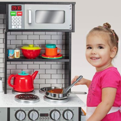 Image showing 8 th Lil' Jumbl Kids Kitchen Set, Wooden Pretend Play Kitchen with Sounds & Accessories - Charcoal