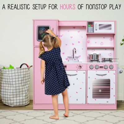 Image showing  Kitchen Set for Kids, Pretend Colored Wooden Play Kitchen Set, Realistic Sound, Pots & Pan, Colorful Pink